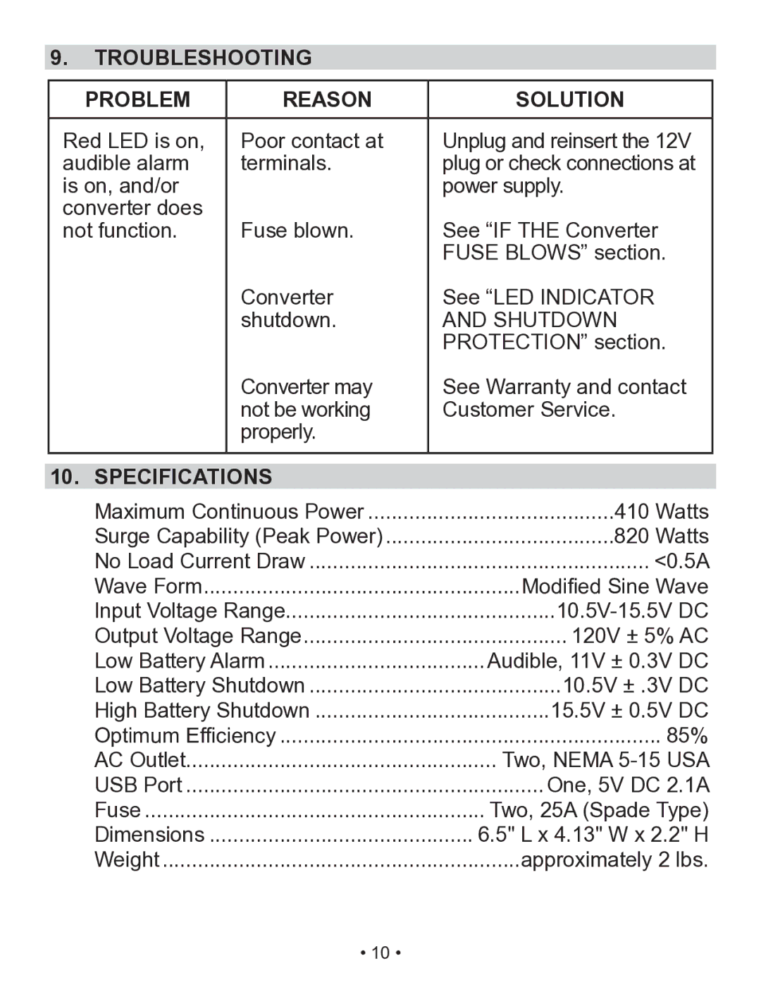 Schumacher X141B owner manual Troubleshooting Problem Reason Solution, Specifications 