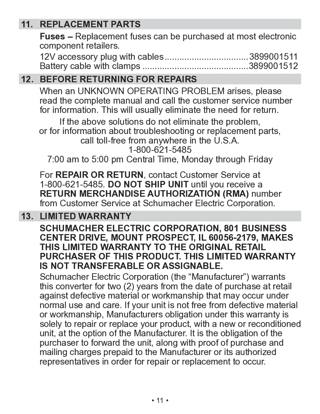 Schumacher X141B owner manual Replacement Parts, Before Returning for Repairs 