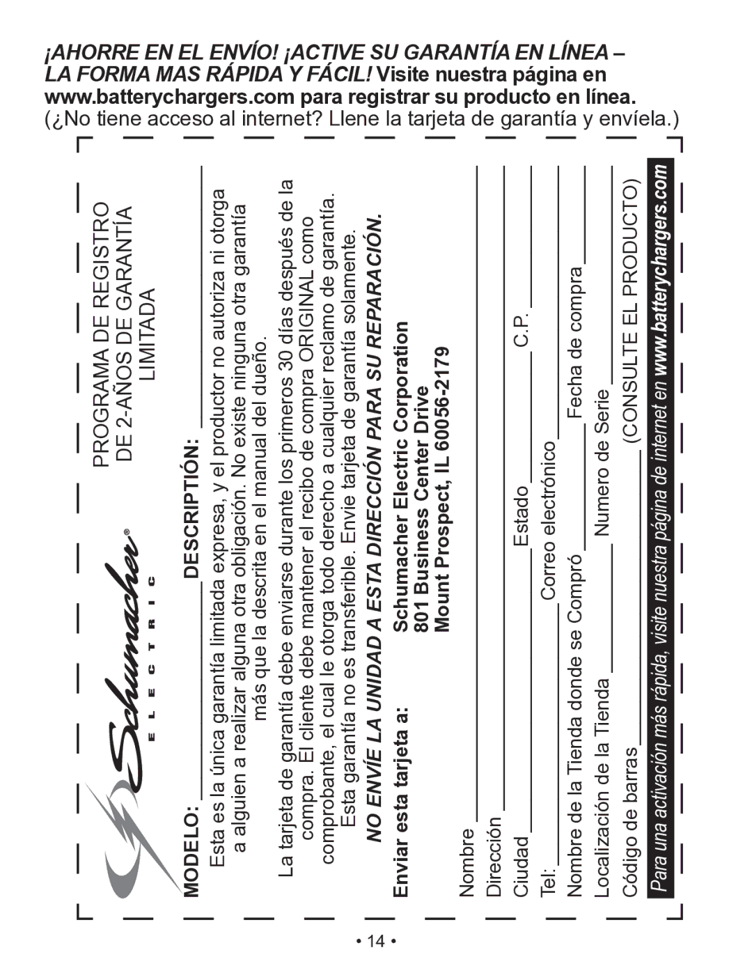 Schumacher X141B owner manual No Envíe LA Unidad a Esta Dirección Para SU Reparación 