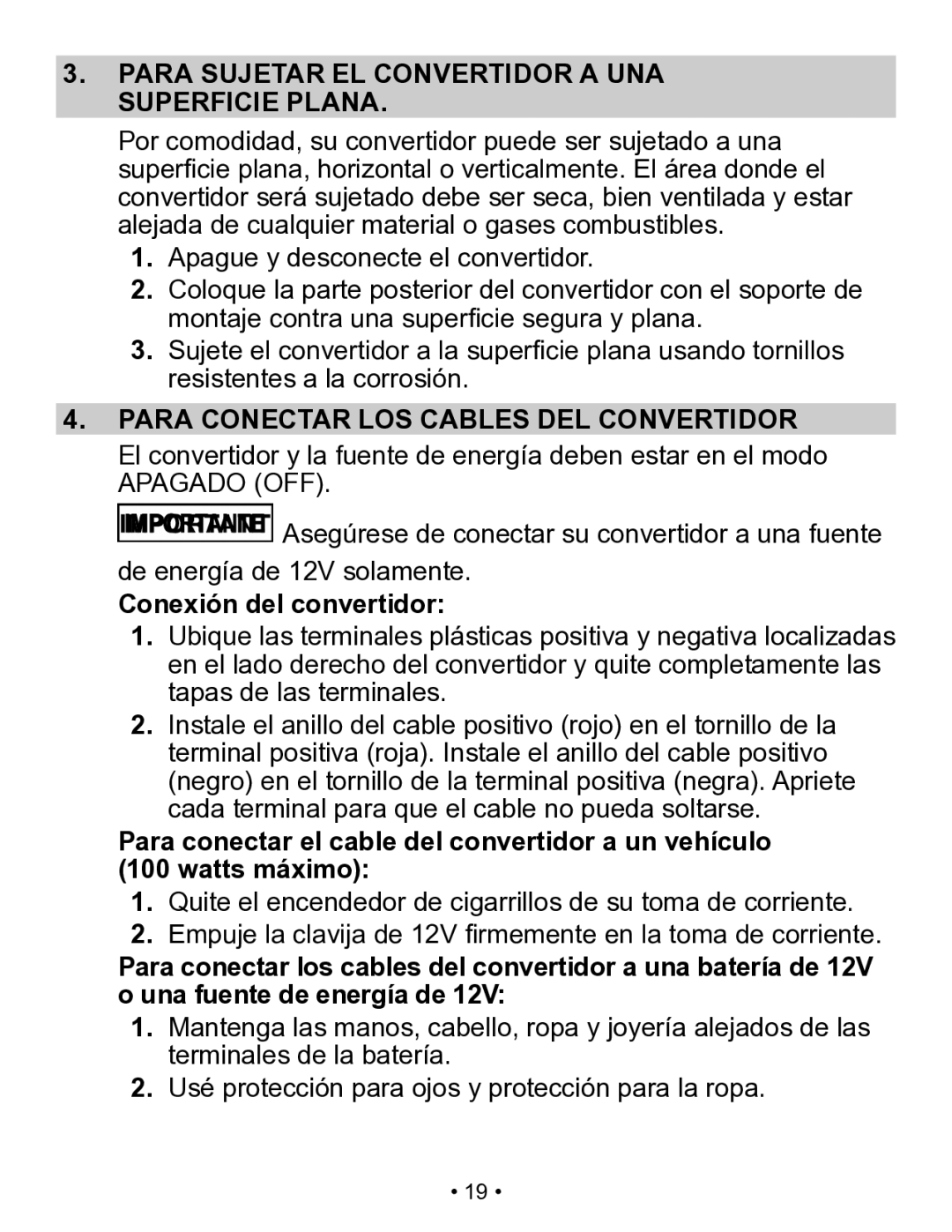 Schumacher X141B owner manual Para Sujetar EL Convertidor a UNA Superficie Plana, Conexión del convertidor 