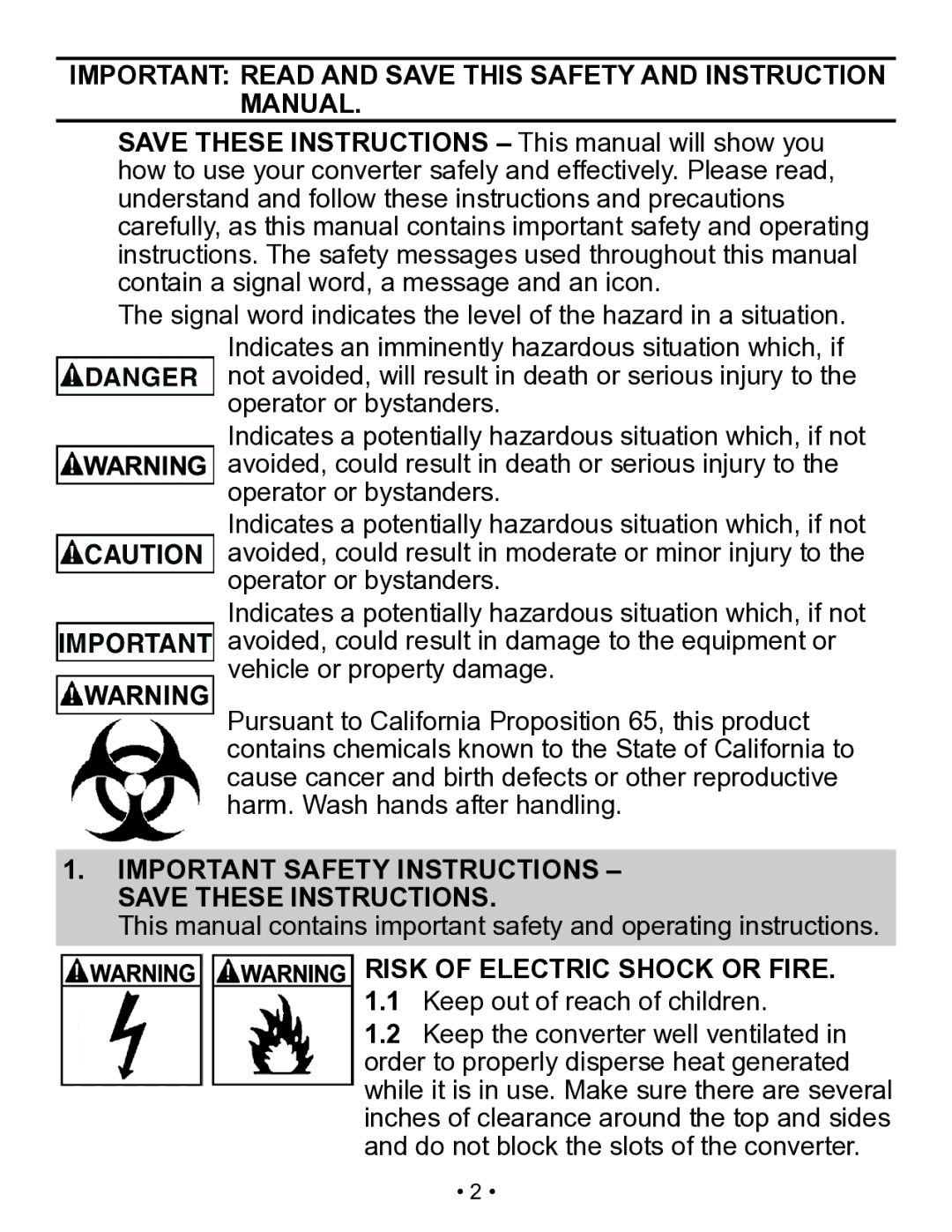 Schumacher X141B owner manual Important Safety Instructions Save These Instructions, Risk of Electric Shock or Fire 