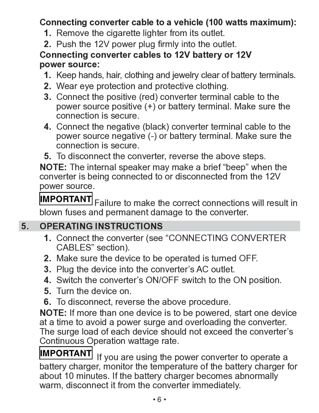 Schumacher X141B owner manual Connecting converter cable to a vehicle 100 watts maximum, Operating Instructions 