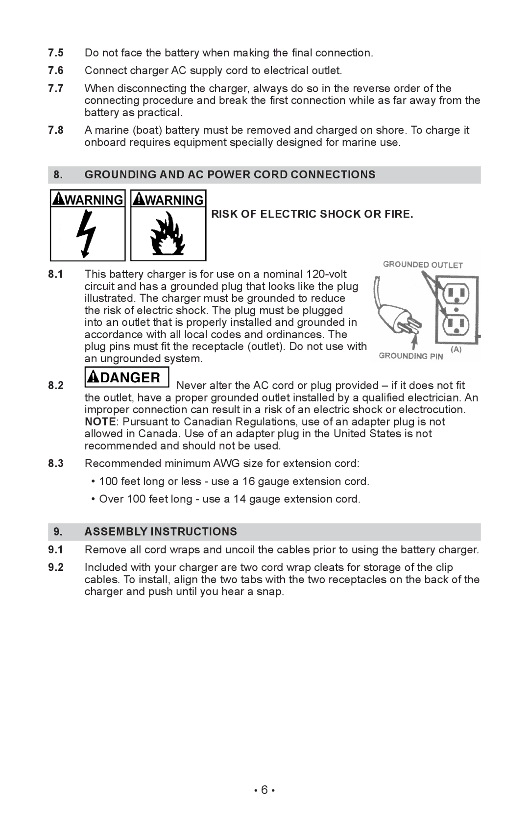 Schumacher XC103, XC75 owner manual Grounding and AC power cord connections, Assembly instructions 