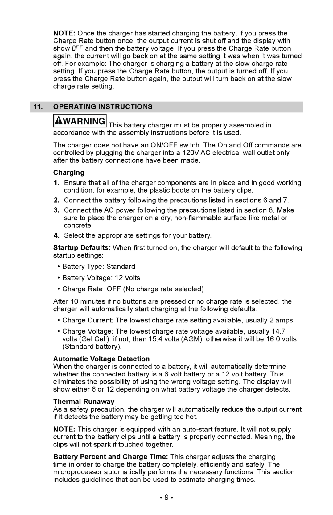 Schumacher XC75, XC103 owner manual Operating instructions, Charging, Automatic Voltage Detection, Thermal Runaway 