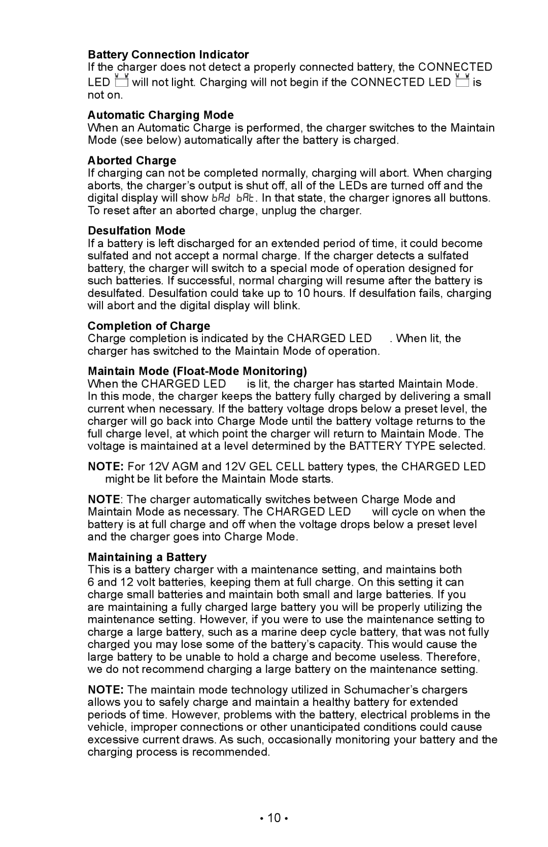 Schumacher XC103, XC75 owner manual Battery Connection Indicator, Automatic Charging Mode, Aborted Charge, Desulfation Mode 