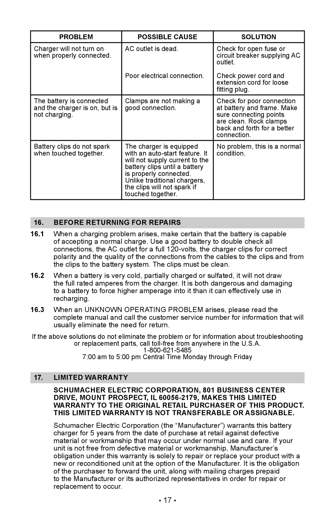 Schumacher XC75, XC103 owner manual Before Returning for Repairs 