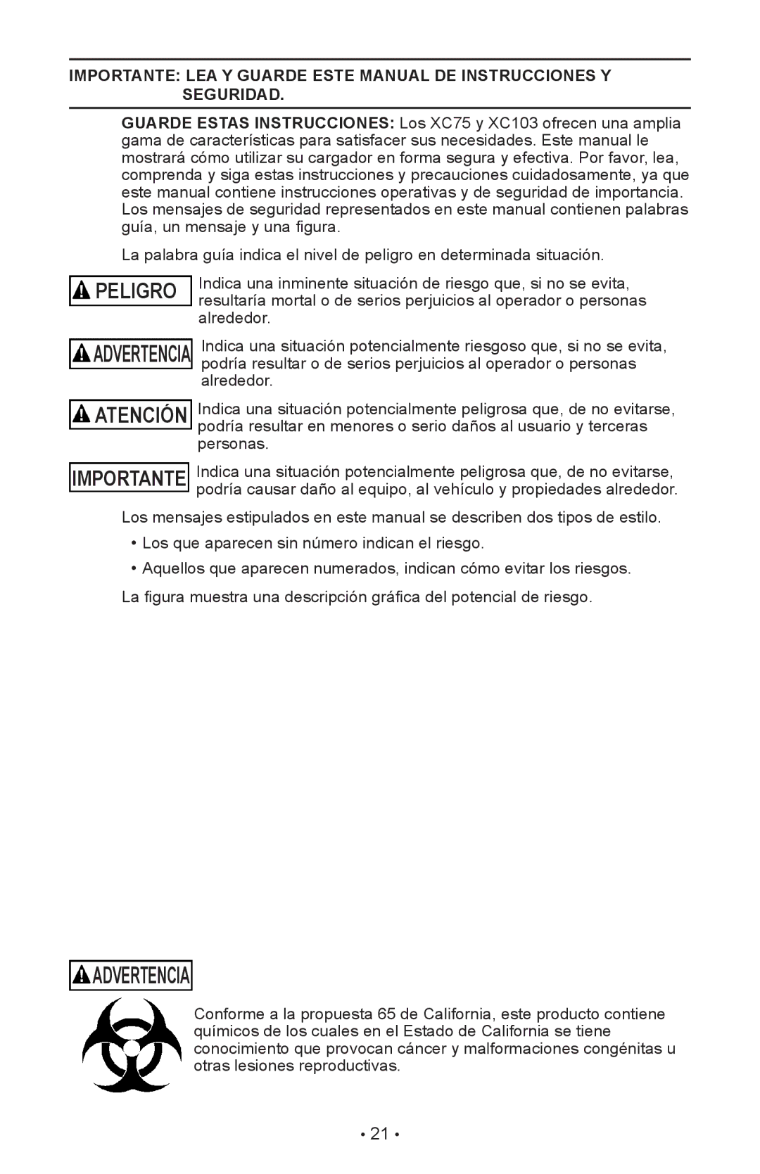 Schumacher XC75, XC103 owner manual Advertencia 