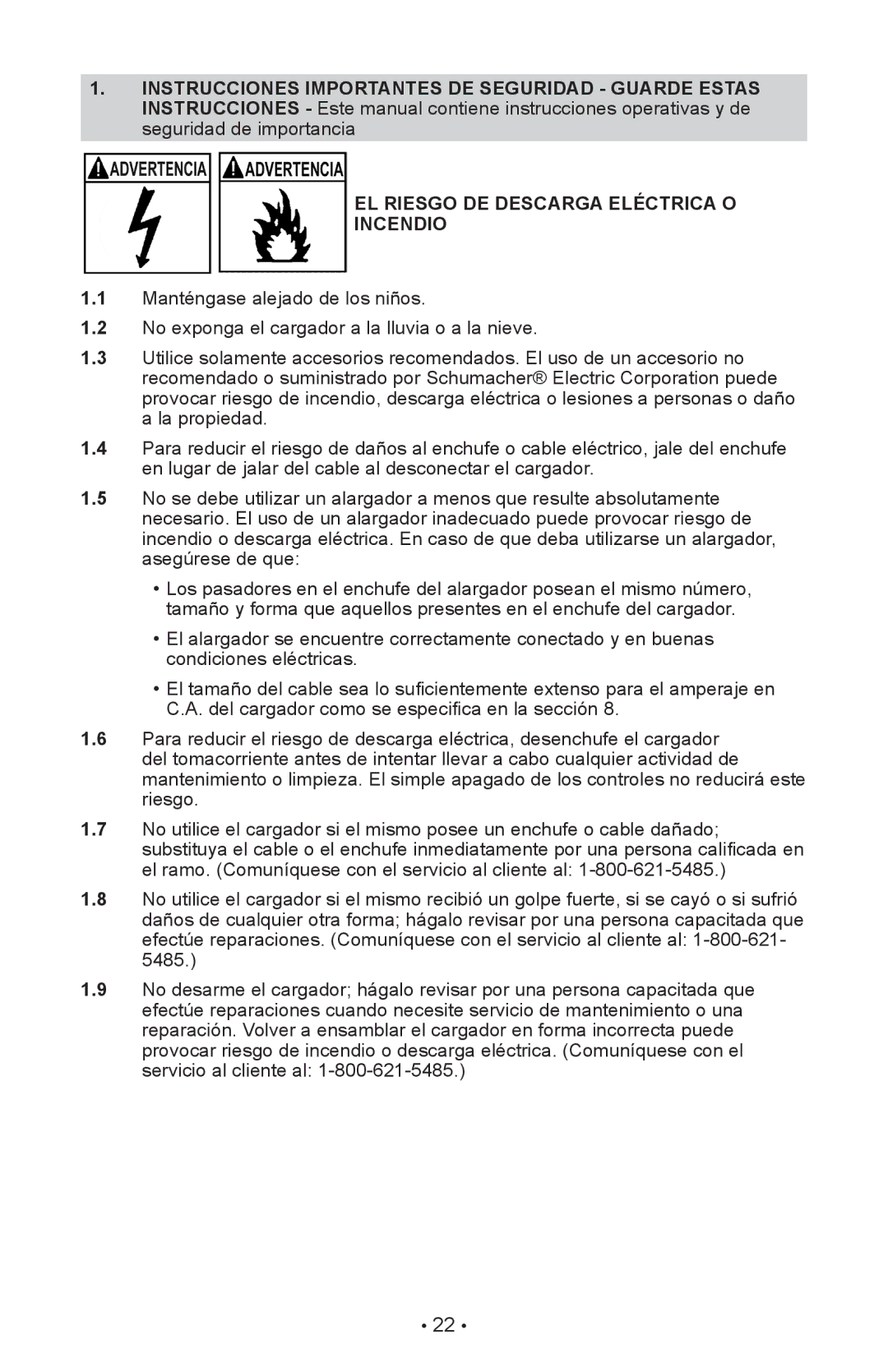 Schumacher XC103, XC75 owner manual EL Riesgo DE Descarga Eléctrica O Incendio 