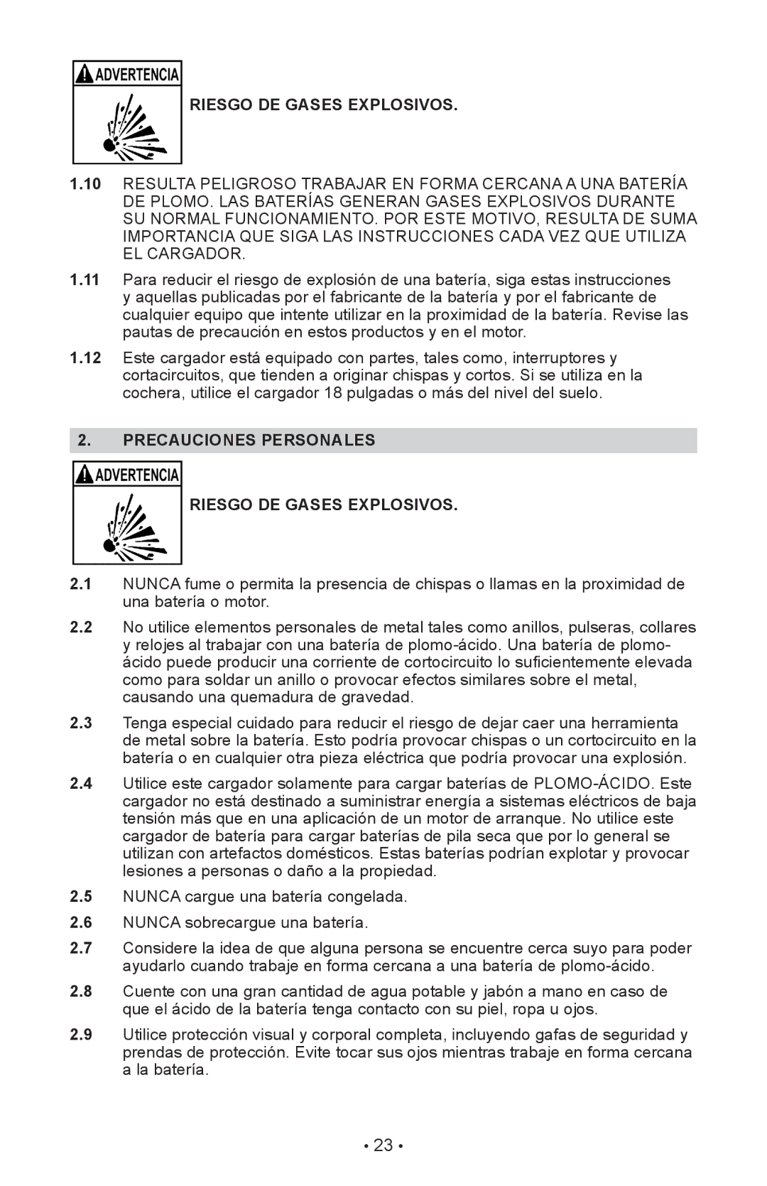 Schumacher XC75, XC103 owner manual Precauciones Personales Riesgo DE Gases Explosivos 