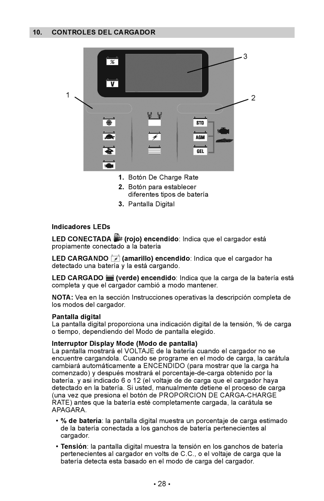 Schumacher XC103, XC75 owner manual Controles DEL Cargador, LED Conectada, LED Cargando, LED Cargado 