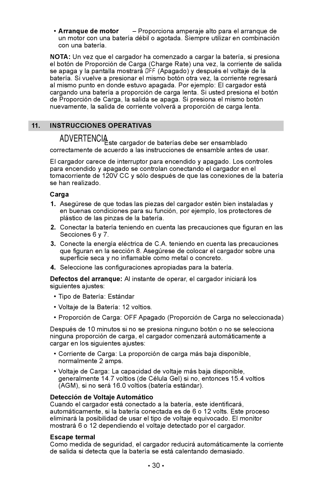 Schumacher XC103, XC75 owner manual Instrucciones Operativas, Carga, Detección de Voltaje Automático, Escape termal 