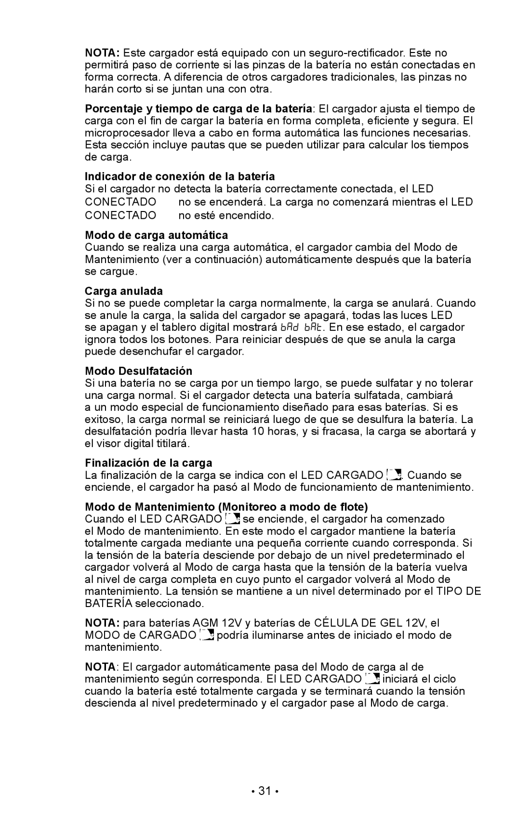 Schumacher XC75, XC103 owner manual Modo de carga automática, Carga anulada, Modo Desulfatación, Finalización de la carga 