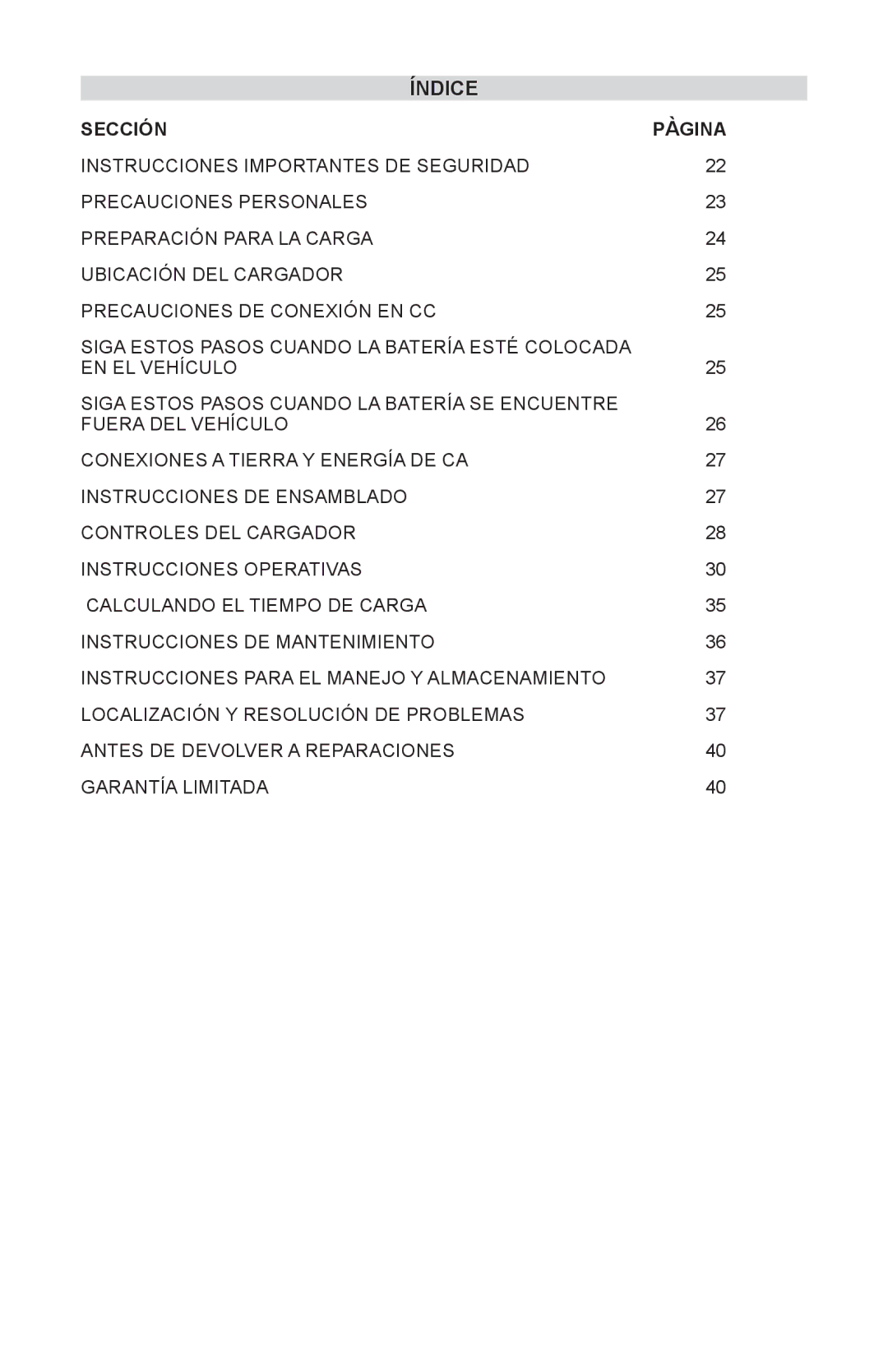 Schumacher XC103, XC75 owner manual Sección Pàgina, Antes DE Devolver a Reparaciones Garantía Limitada 