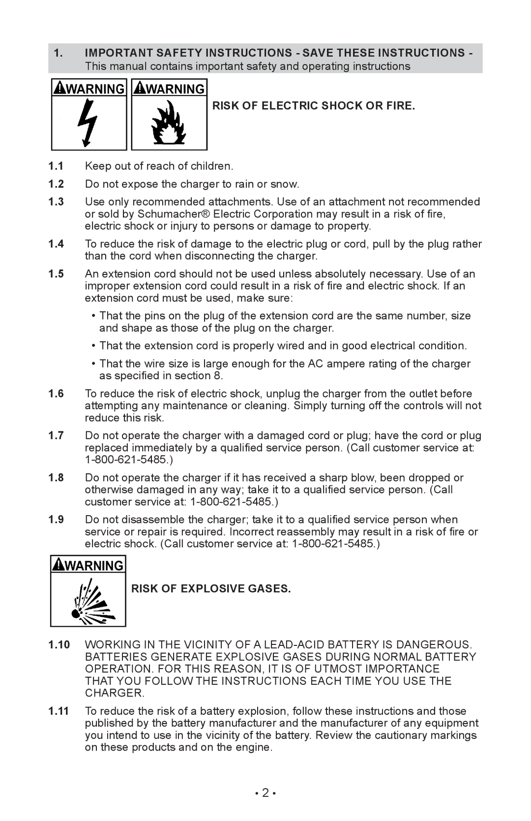 Schumacher XC103, XC75 owner manual Risk of Electric Shock or Fire, Risk of Explosive Gases 