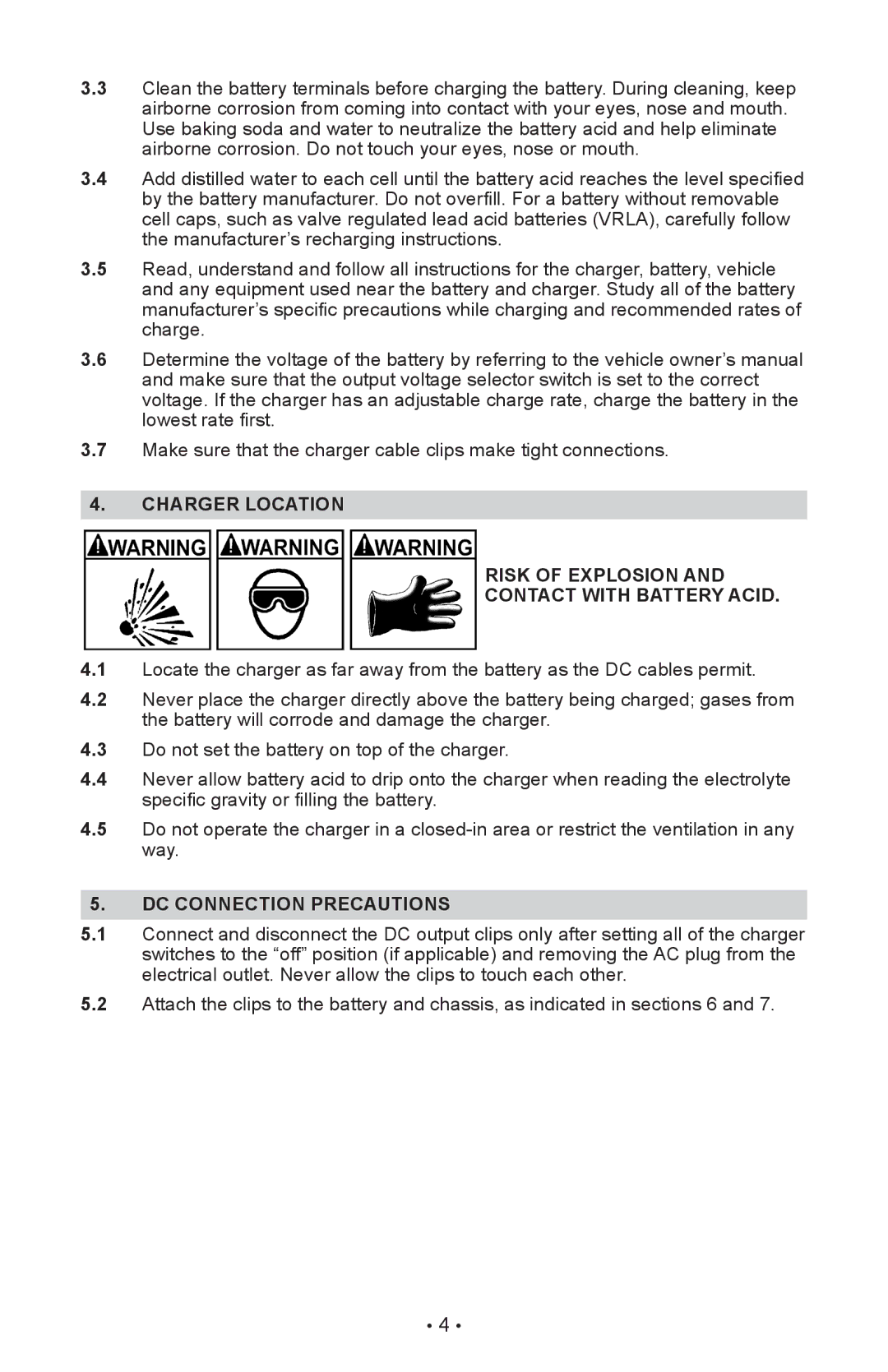 Schumacher XC103, XC75 owner manual Charger Location Risk of Explosion Contact with Battery Acid, DC Connection Precautions 