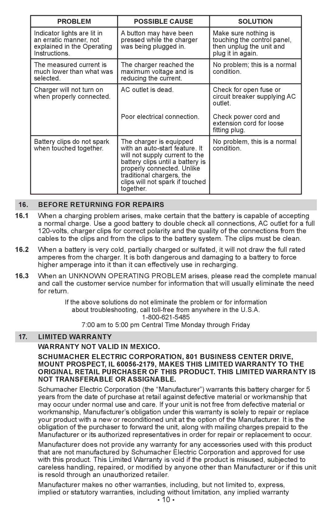 Schumacher XC6, XCS15, XC10, XC12 owner manual Before Returning for Repairs, Limited warranty Warranty not valid in Mexico 