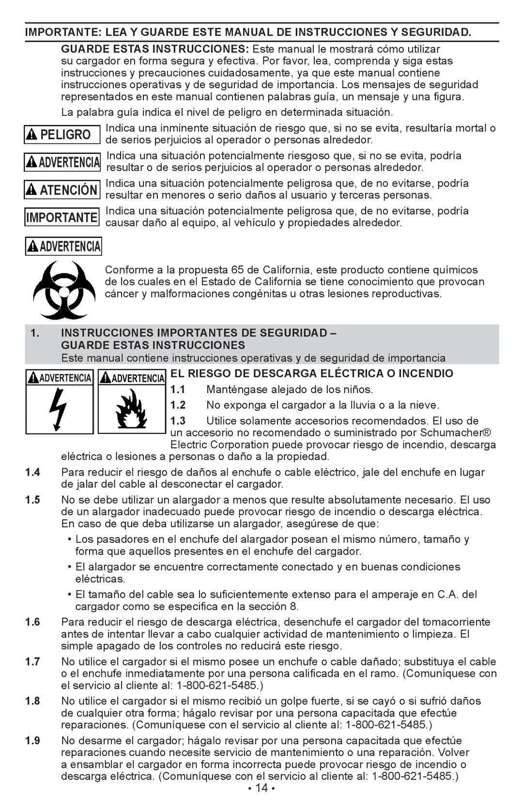 Schumacher XC6, XCS15, XC10, XC12 owner manual Advertencia, EL Riesgo DE Descarga Eléctrica O Incendio 