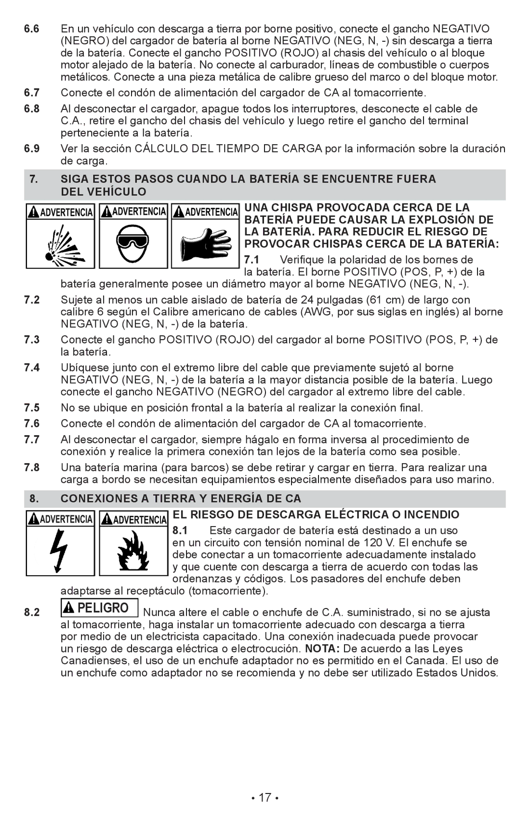 Schumacher XC12, XCS15, XC10, XC6 owner manual Conexiones a tierra y energía de CA, EL Riesgo DE Descarga Eléctrica O Incendio 