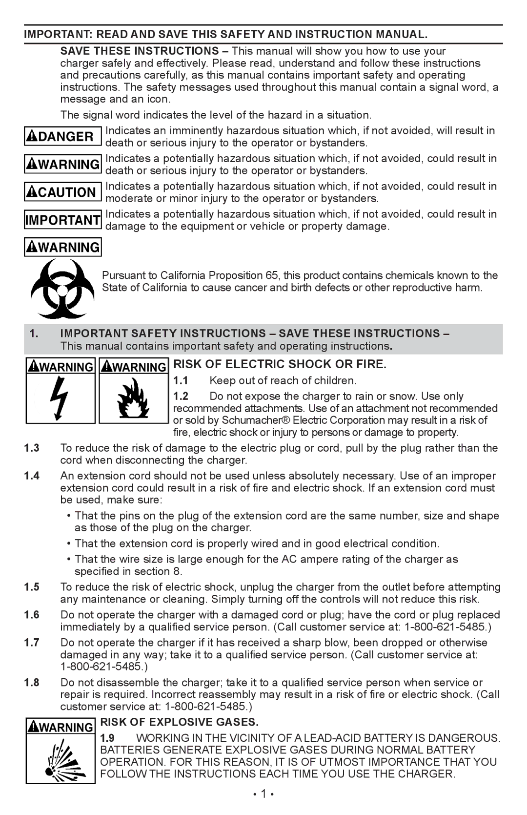 Schumacher XC12, XCS15, XC10, XC6 owner manual Risk of Electric Shock or Fire, Risk of Explosive Gases 