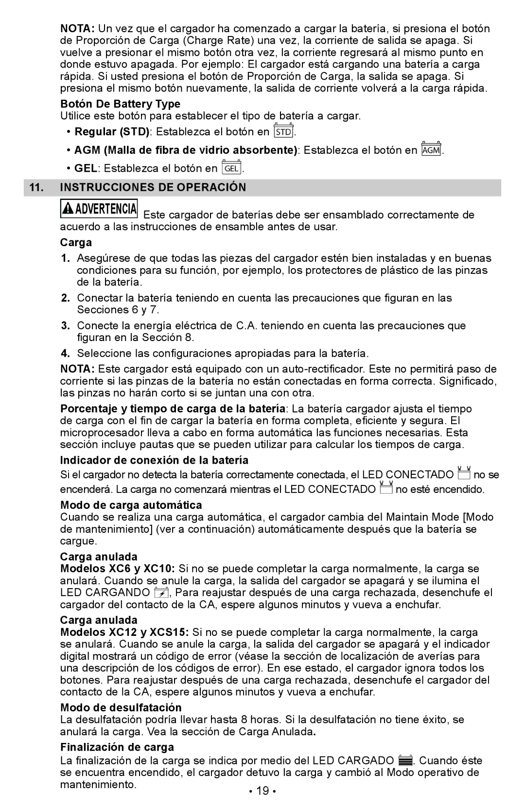 Schumacher XCS15, XC10, XC12, XC6 owner manual Instrucciones DE Operación 