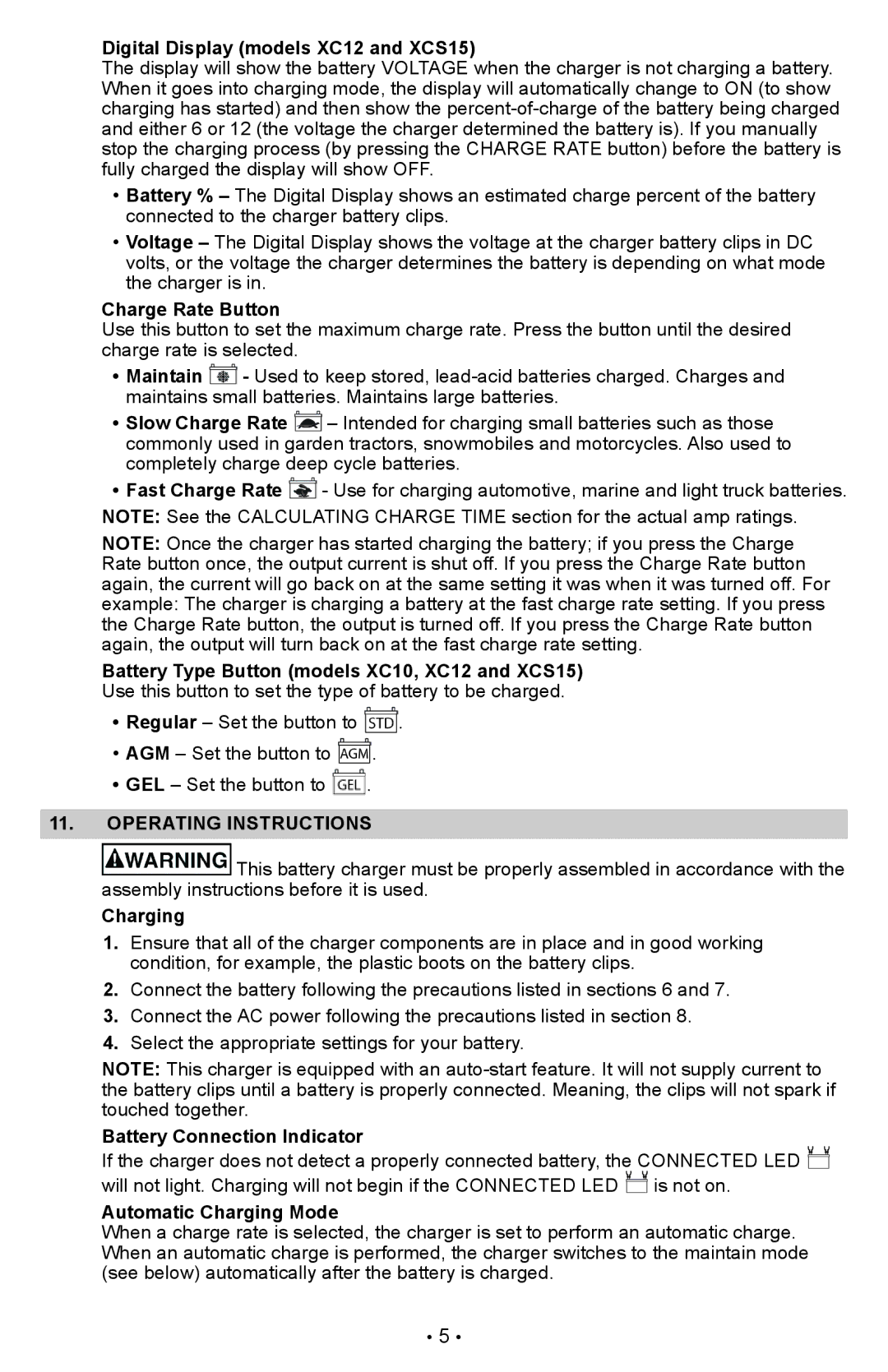 Schumacher XC10, XC6 Digital Display models XC12 and XCS15, Charge Rate Button, Operating instructions, Charging 