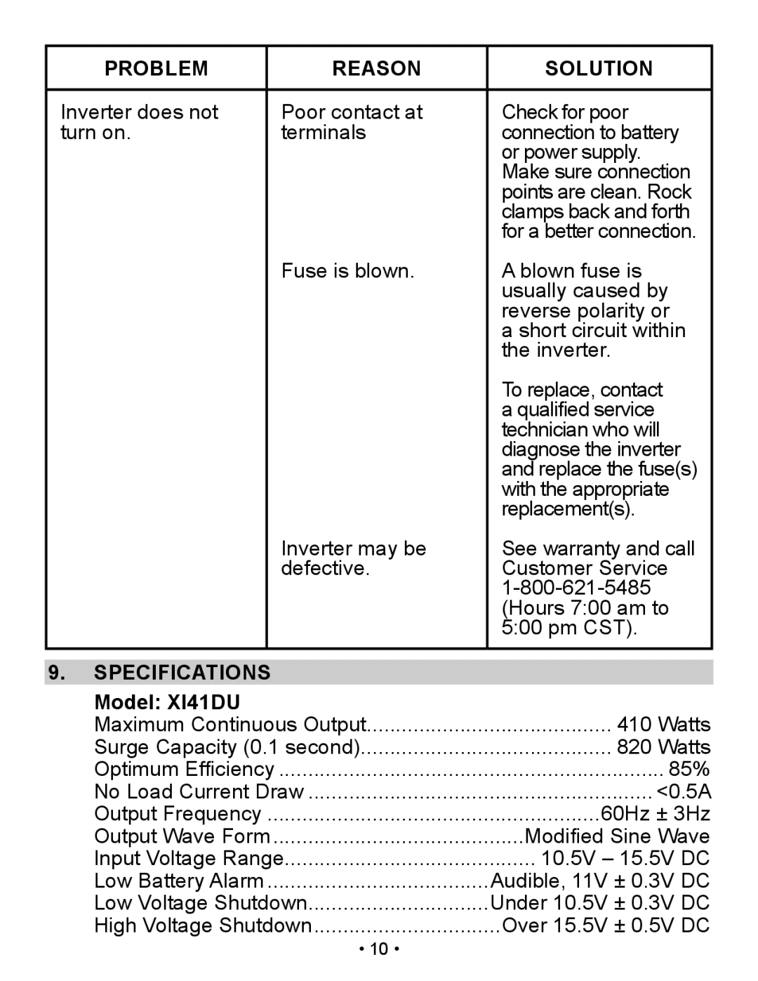 Schumacher owner manual Specifications, Model XI41DU 