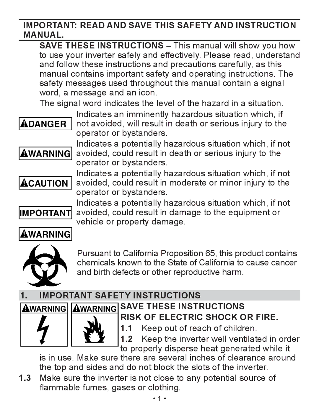 Schumacher XI41DU owner manual Important Safety Instructions, Risk of electric shock or fire 