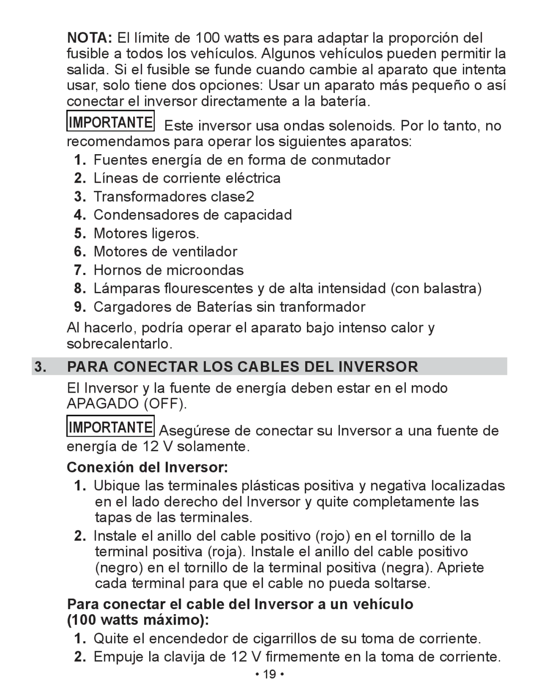 Schumacher XI41DU owner manual Para Conectar LOS Cables DEL Inversor, Conexión del Inversor 