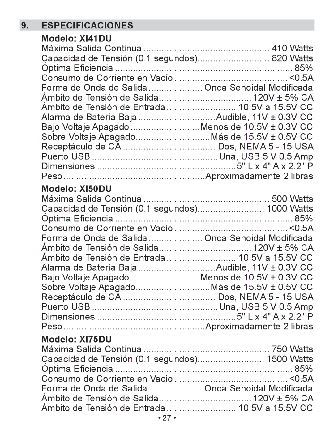 Schumacher XI41DU owner manual Especificaciones 