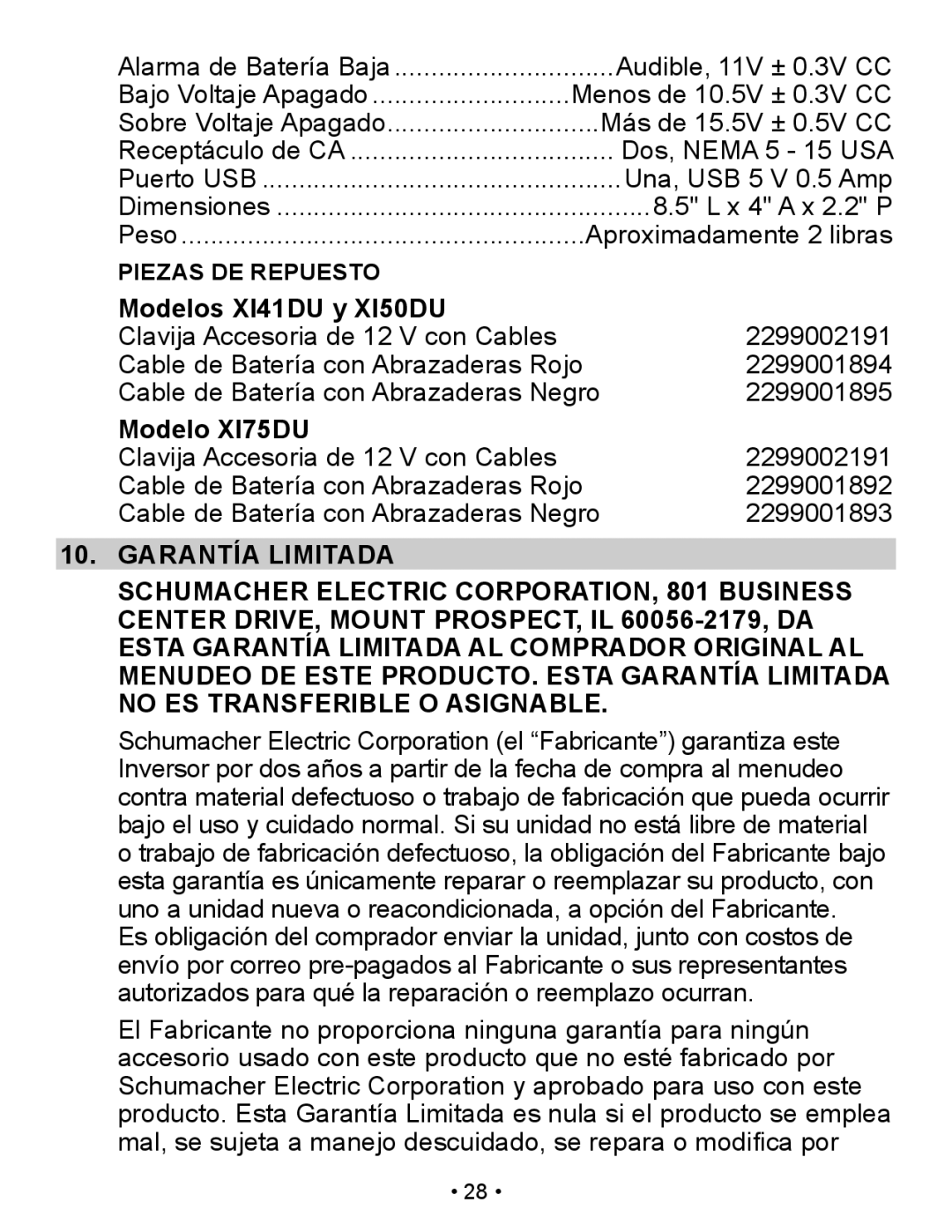 Schumacher owner manual Modelos XI41DU y XI50DU, Modelo XI75DU 