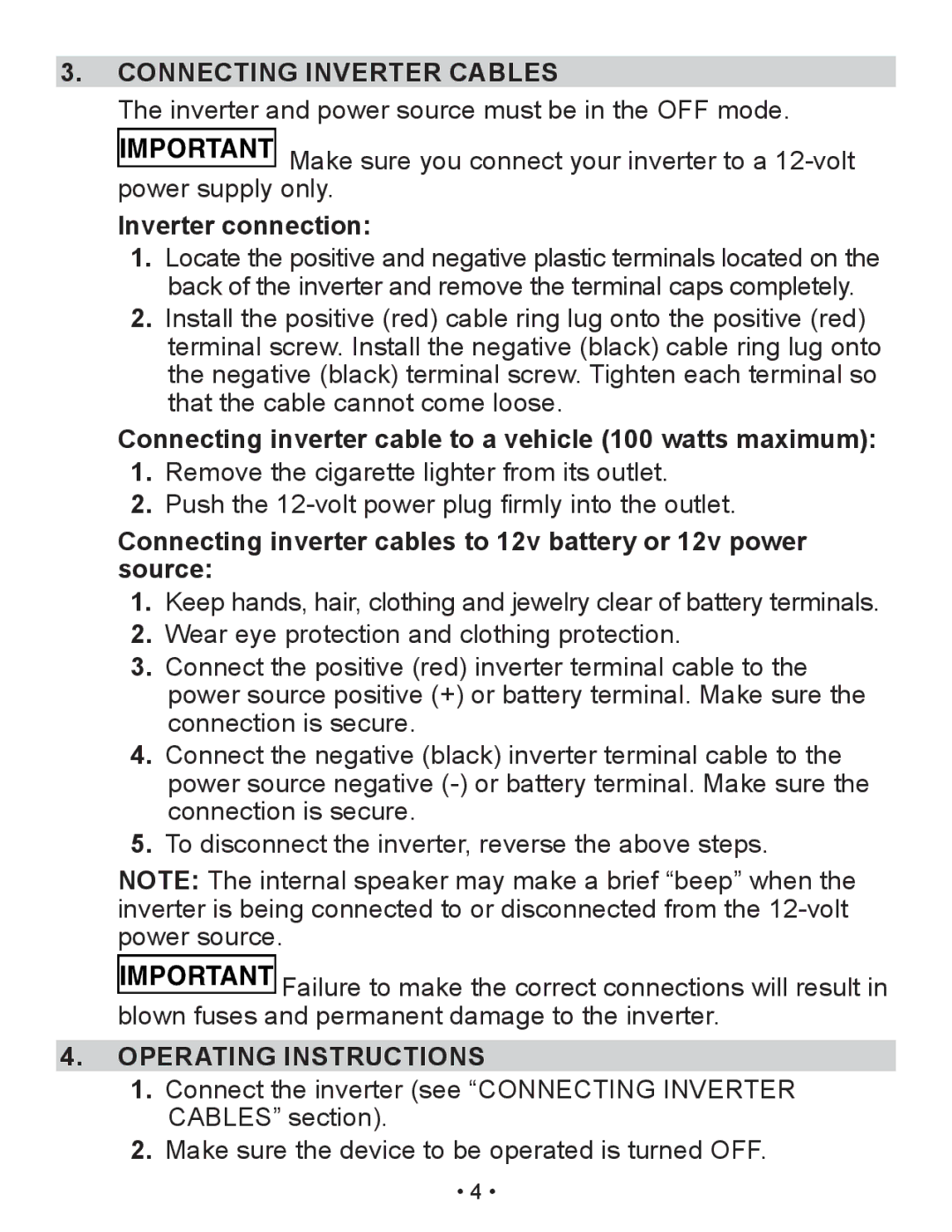 Schumacher XI41DU owner manual Connecting Inverter Cables, Inverter connection, Operating Instructions 