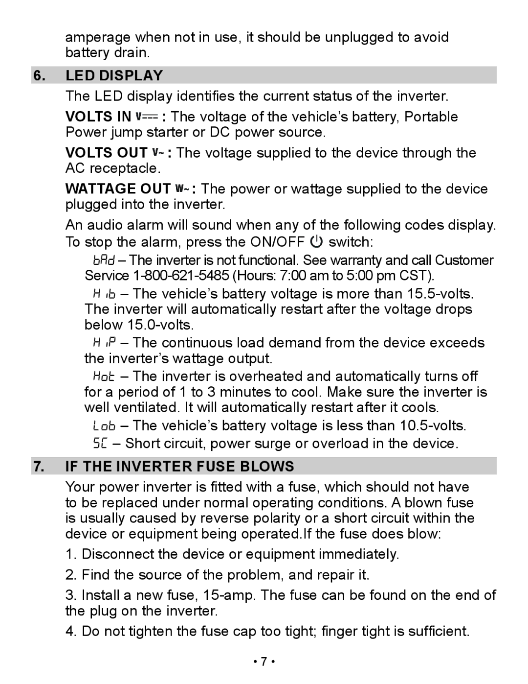 Schumacher XI41DU owner manual LED Display, If the Inverter Fuse Blows 