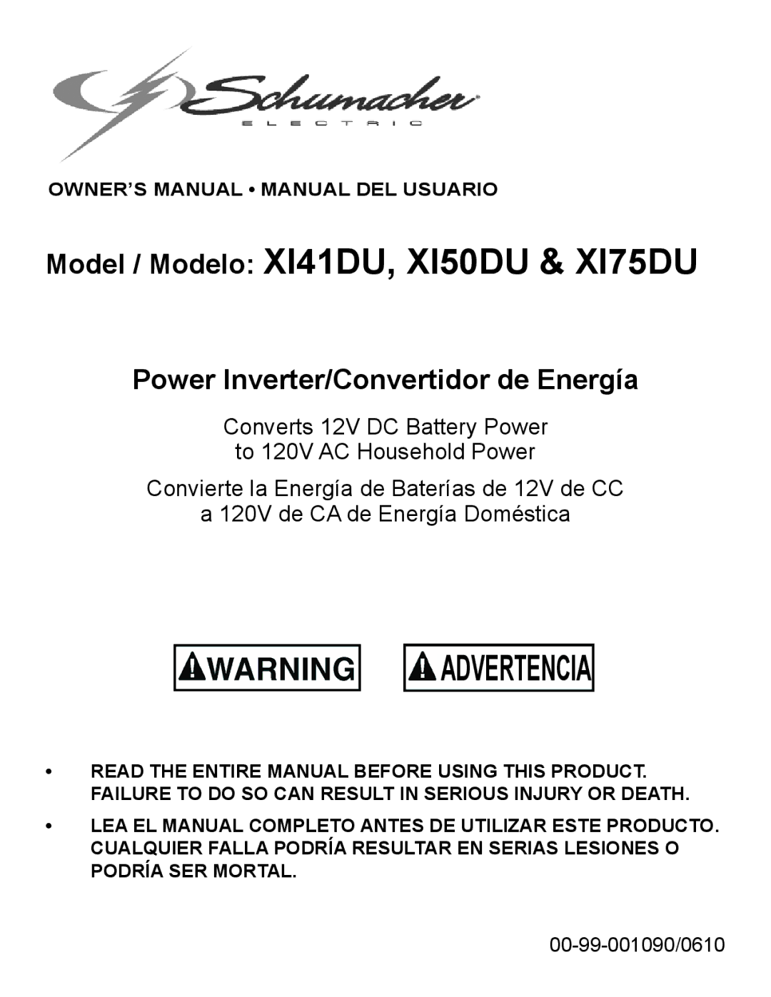 Schumacher XI50DU, XI75DU, XI41DU owner manual Advertencia 