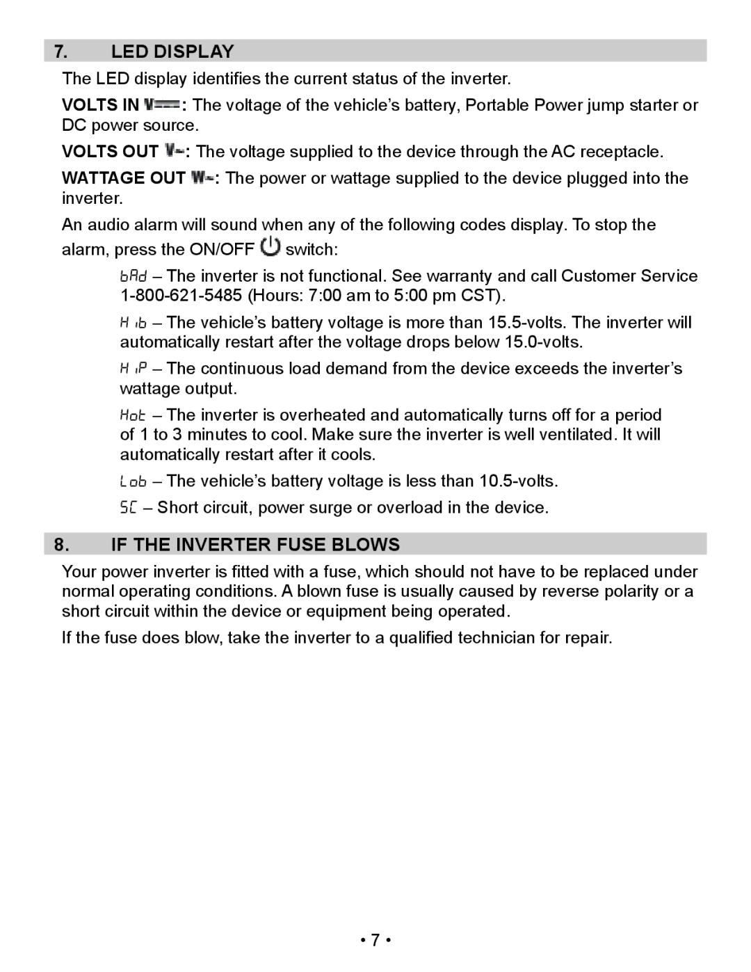 Schumacher XI50DU, XI75DU, XI41DU owner manual LED Display, If the Inverter Fuse Blows 