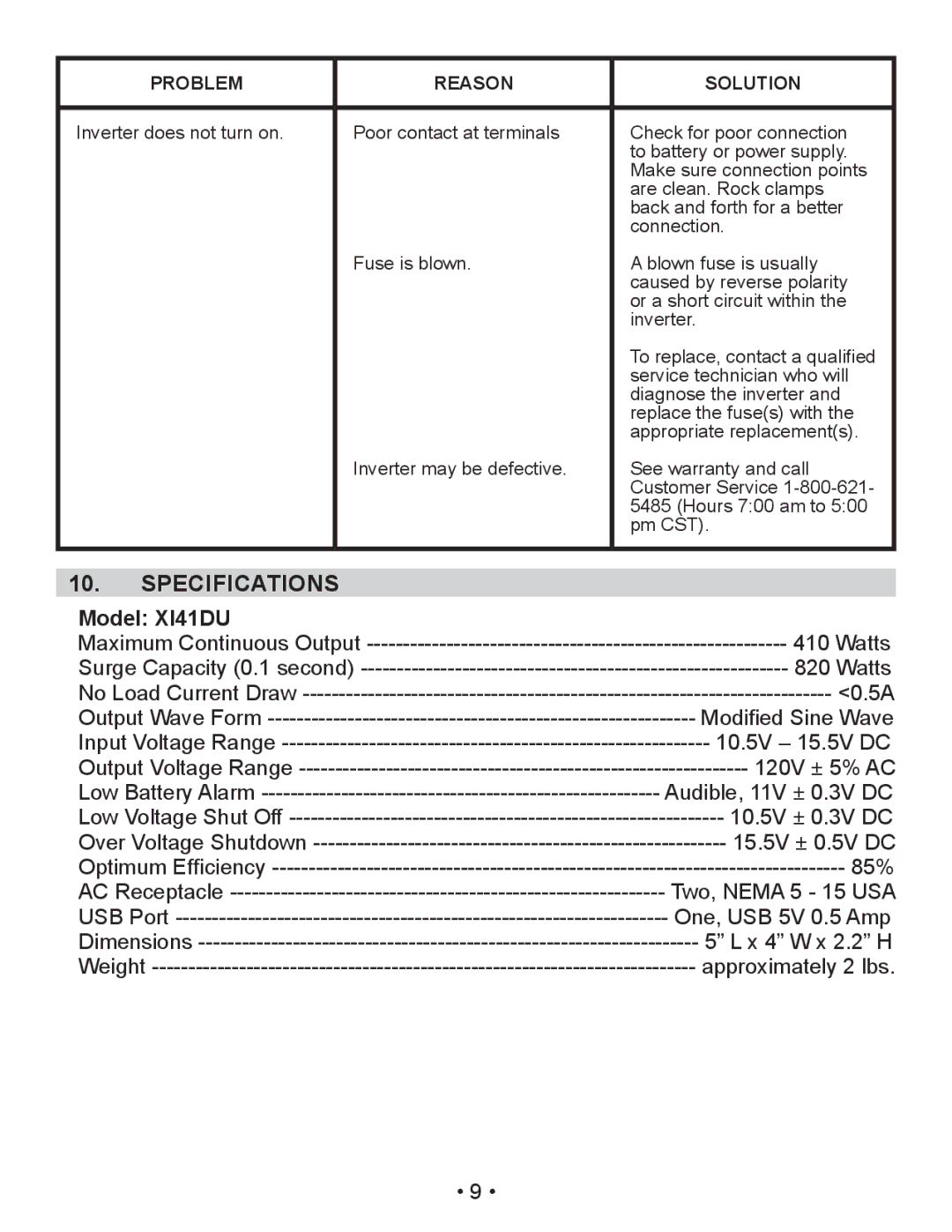 Schumacher XI75DU, XI50DU owner manual Specifications, Model XI41DU 