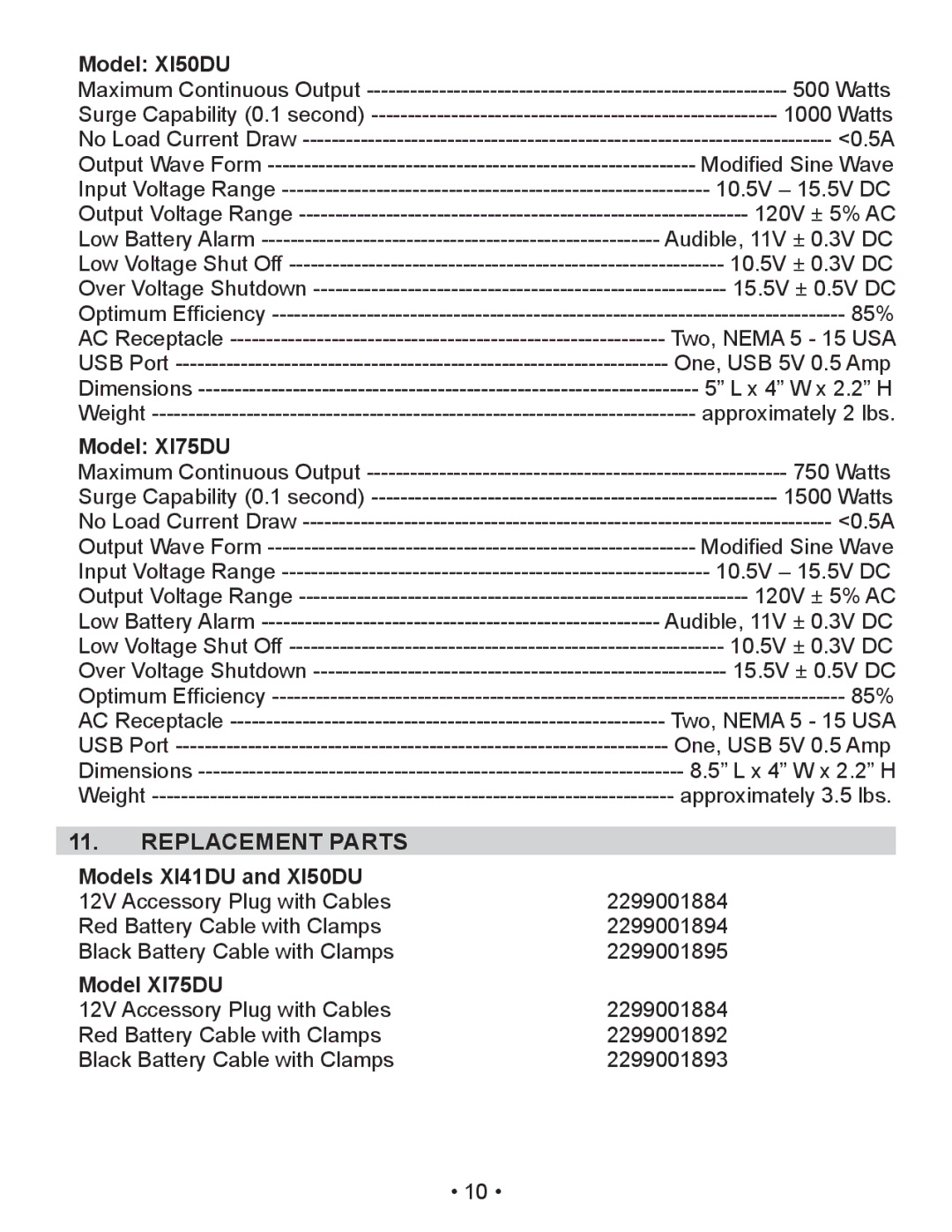 Schumacher owner manual Replacement Parts, Model XI50DU, Model XI75DU, Models XI41DU and XI50DU 