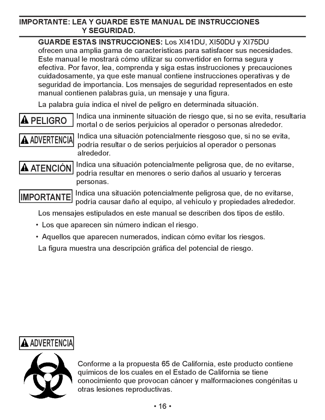 Schumacher XI50DU, XI75DU, XI41DU owner manual Advertencia 