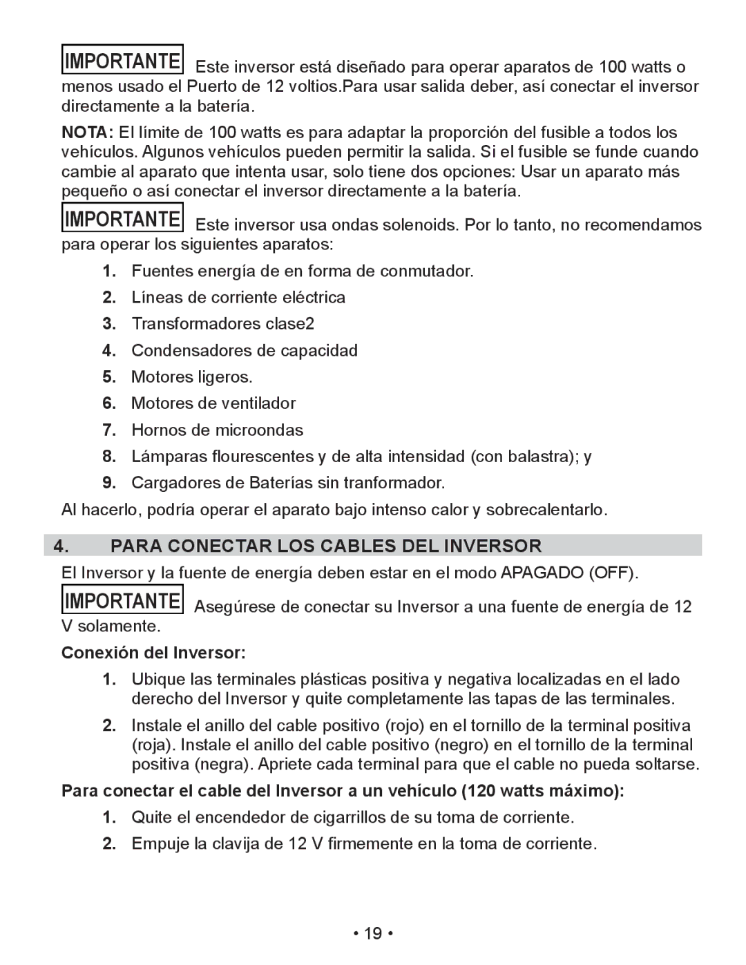 Schumacher XI50DU, XI75DU, XI41DU owner manual Para Conectar LOS Cables DEL Inversor, Conexión del Inversor 