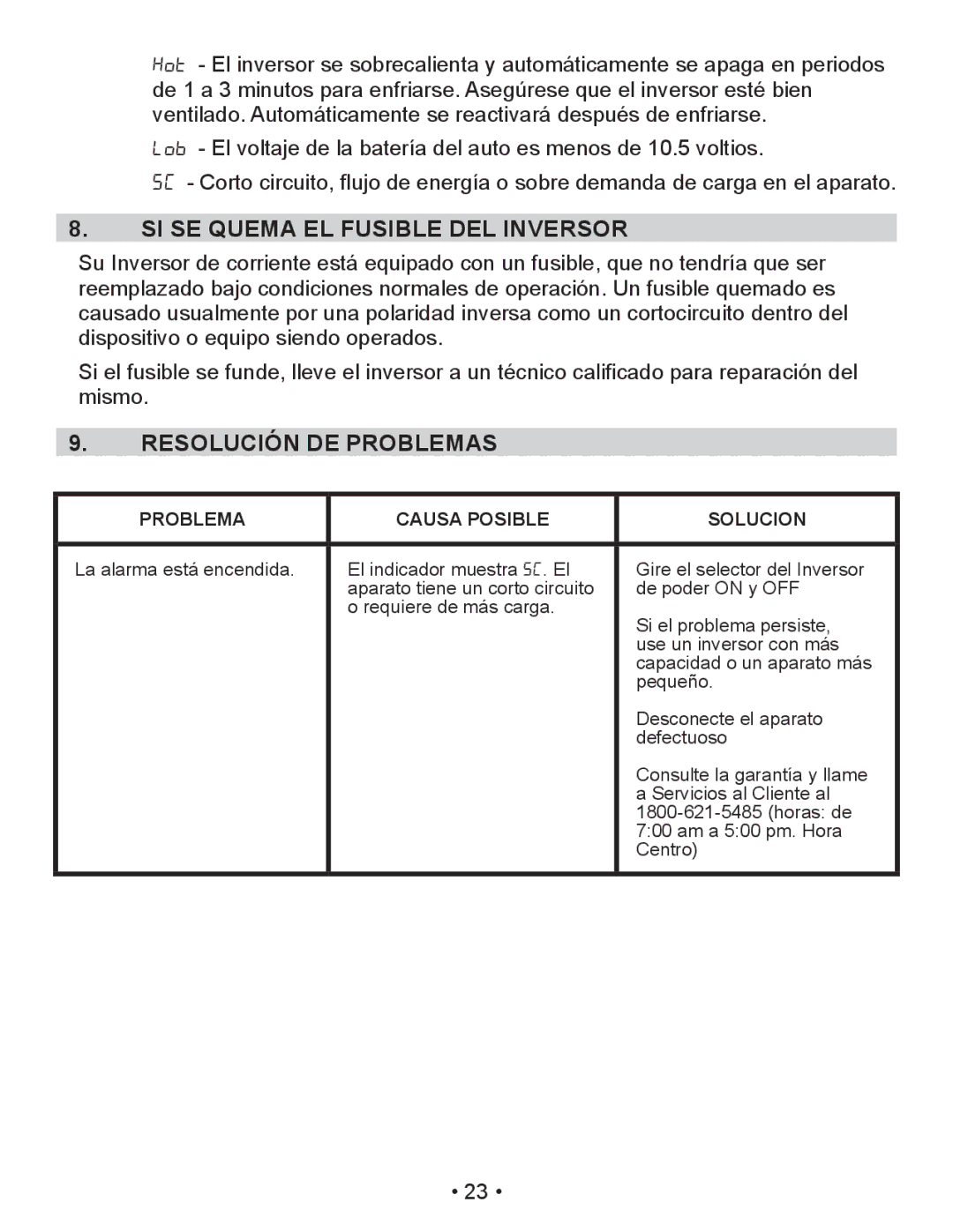 Schumacher XI41DU, XI75DU, XI50DU owner manual SI SE Quema EL Fusible DEL Inversor, Resolución DE Problemas 