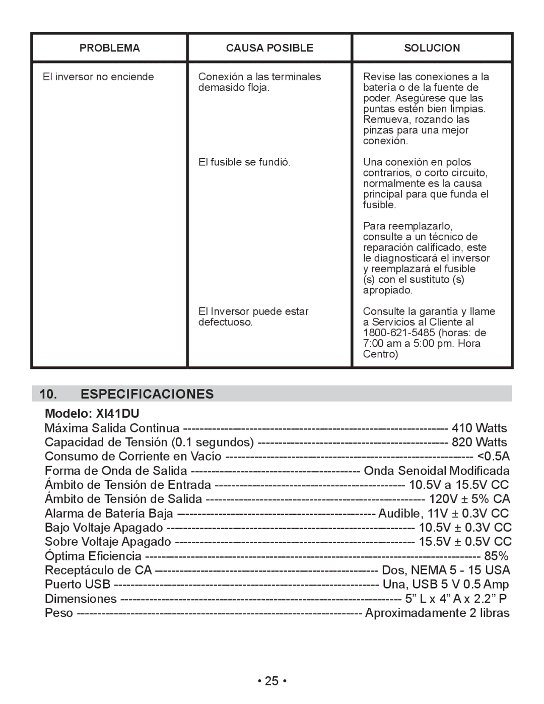 Schumacher XI50DU, XI75DU owner manual Especificaciones, Modelo XI41DU 