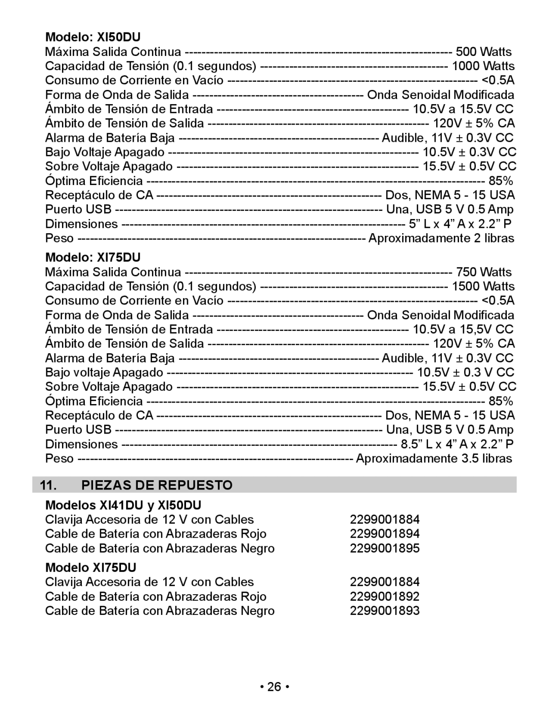 Schumacher owner manual Piezas DE Repuesto, Modelo XI50DU, Modelo XI75DU, Modelos XI41DU y XI50DU 