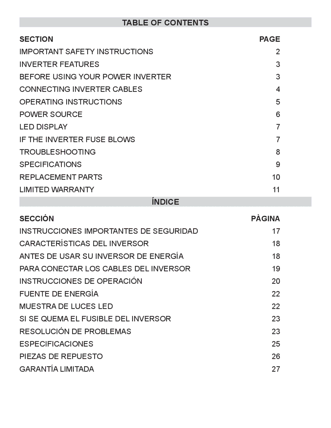 Schumacher XI75DU, XI50DU, XI41DU owner manual Table of Contents, Índice 