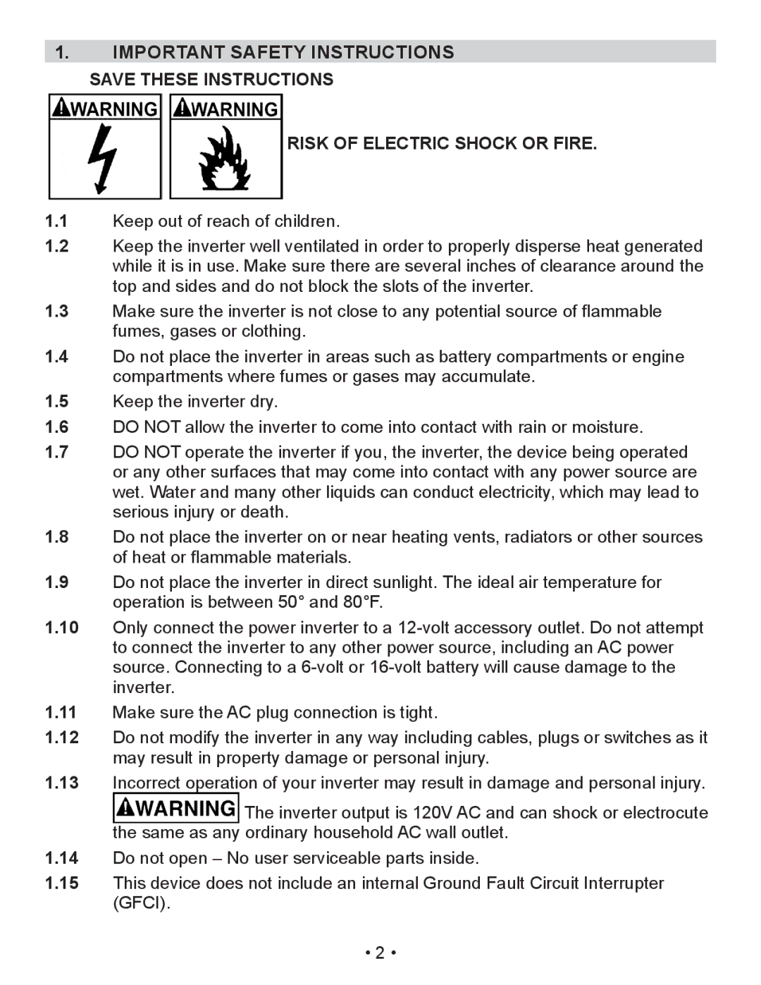 Schumacher XI41DU, XI75DU, XI50DU Important Safety Instructions Save These Instructions, Risk of electric shock or fire 