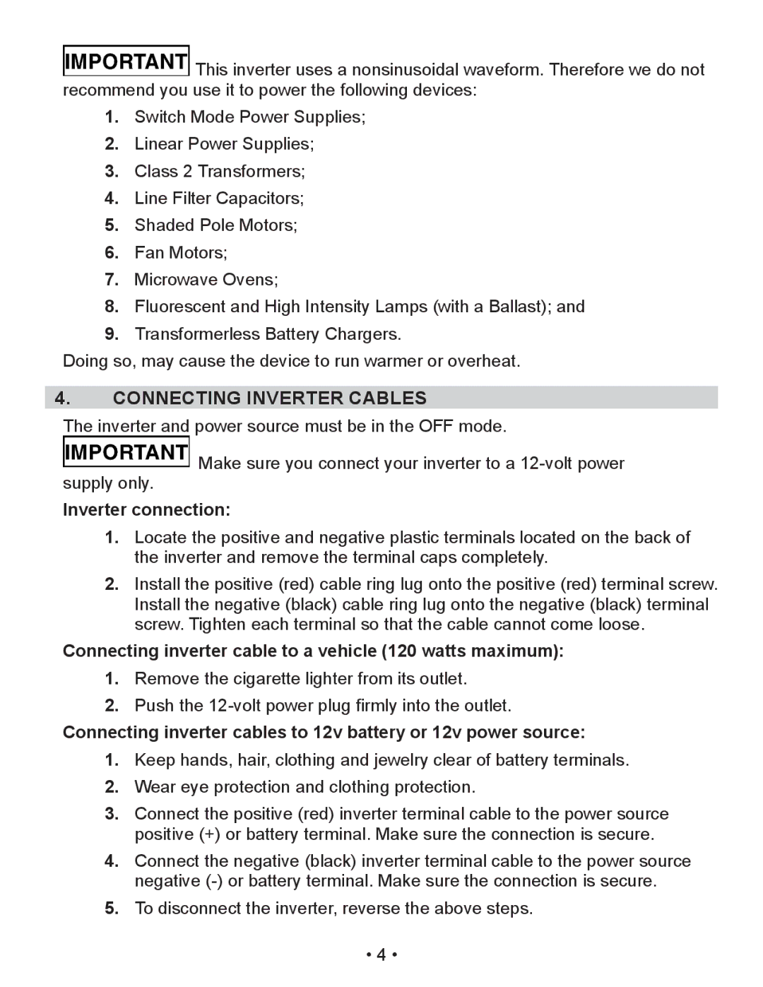 Schumacher XI50DU, XI75DU, XI41DU owner manual Connecting Inverter Cables, Inverter connection 