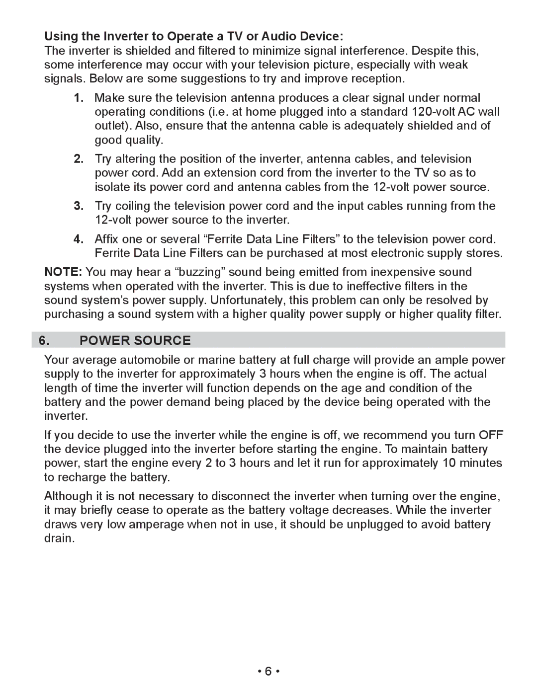 Schumacher XI75DU, XI50DU, XI41DU owner manual Power Source, Using the Inverter to Operate a TV or Audio Device 