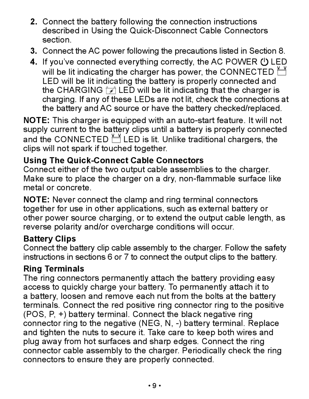 Schumacher XM1-5 owner manual Using The Quick-Connect Cable Connectors, Battery Clips, Ring Terminals 