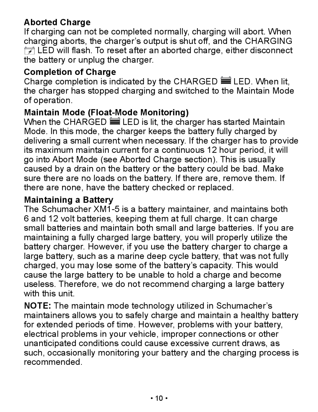 Schumacher XM1-5 Aborted Charge, Completion of Charge, Maintain Mode Float-Mode Monitoring, Maintaining a Battery 