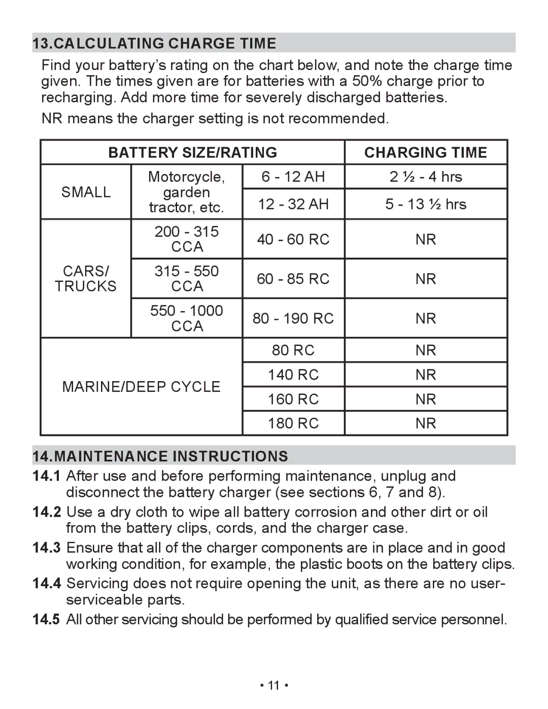 Schumacher XM1-5 owner manual Calculating Charge Time, Battery SIZE/RATING Charging Time, Maintenance Instructions 