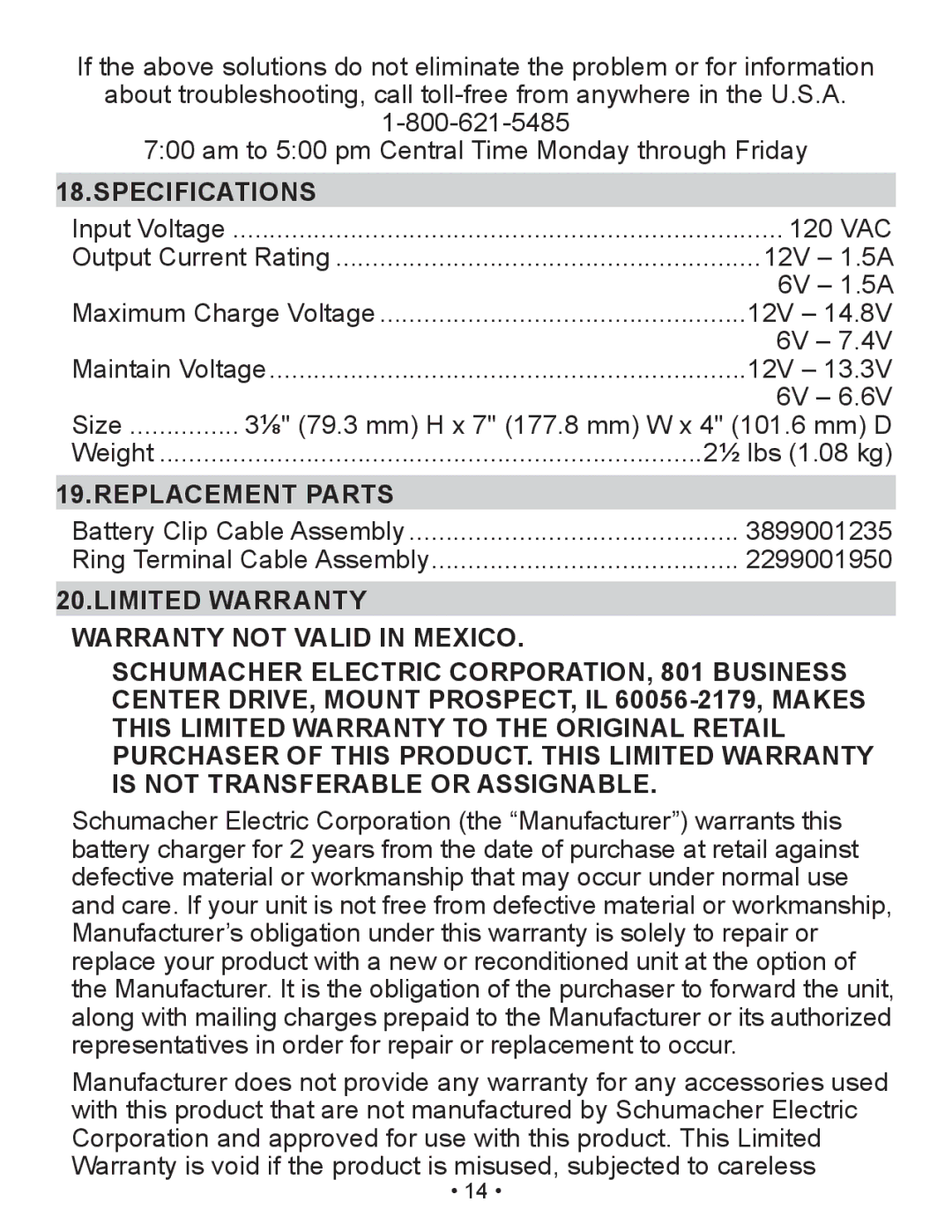 Schumacher XM1-5 owner manual Specifications, Replacement Parts, Limited Warranty, Warranty not valid in Mexico 