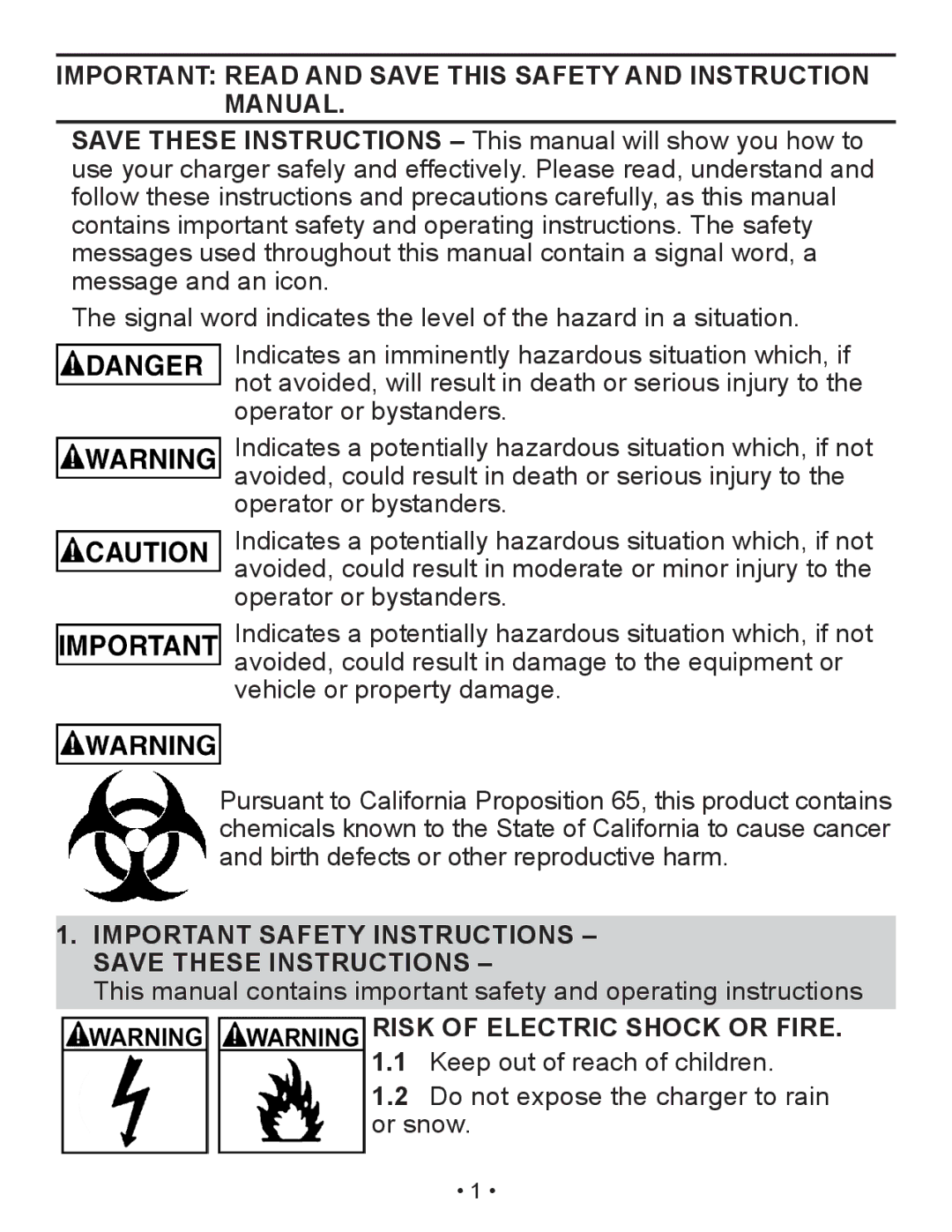 Schumacher XM1-5 owner manual Important Safety Instructions Save These Instructions, Risk of Electric Shock or Fire 